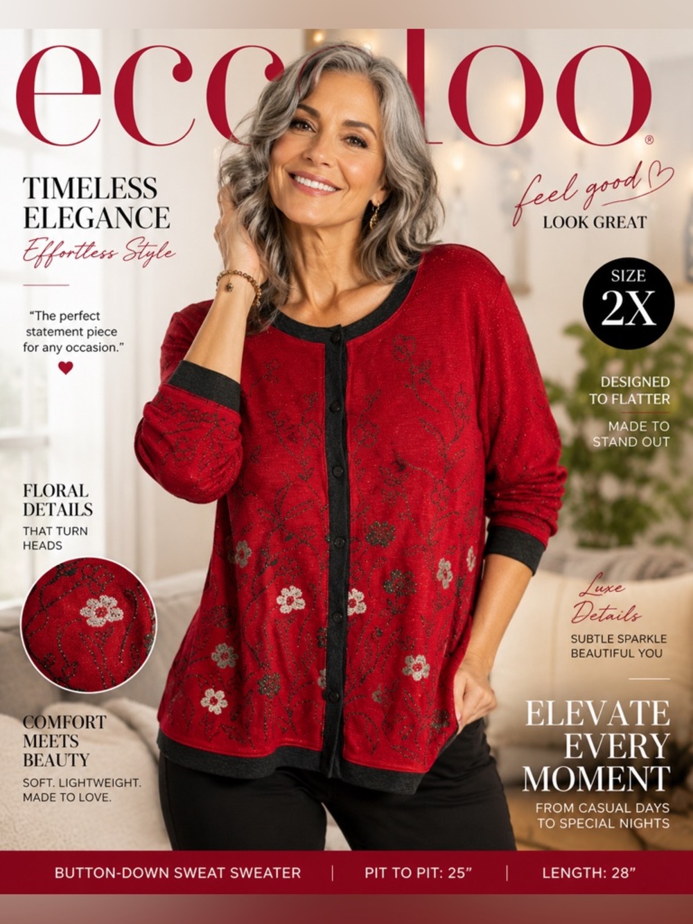 Eccolo Red Floral Button-Down Sweater Cardigan |‎ Size 2X | Sparkle Detail